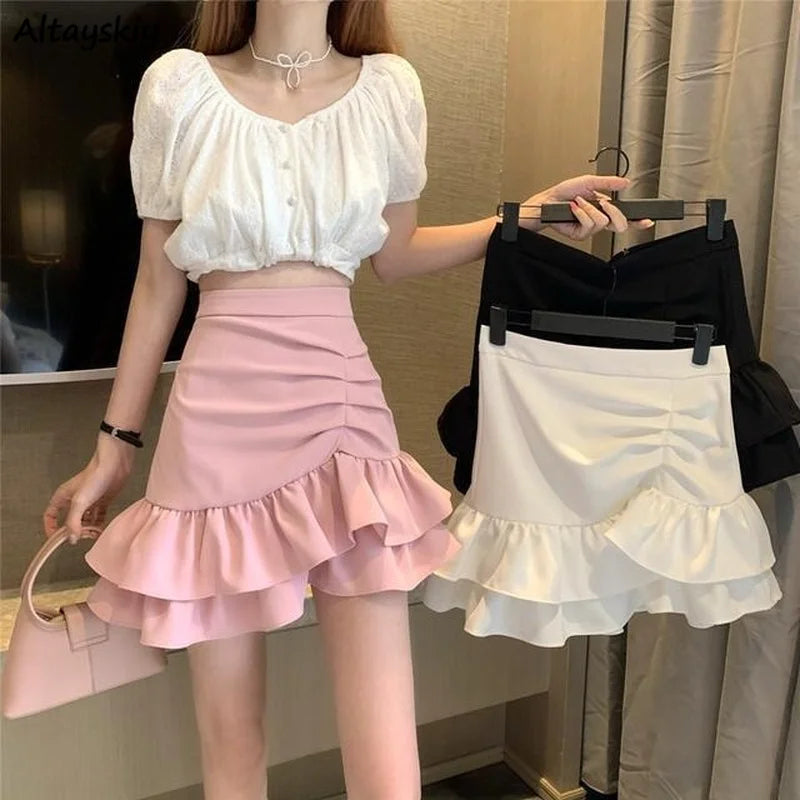 Skirts Womens Solid Shirring Sweet Mini Trumpet High Waist Designers Tender Korean Style Summer Sexy All-match Leisure Female