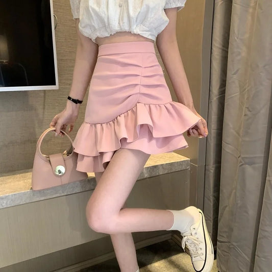 Skirts Womens Solid Shirring Sweet Mini Trumpet High Waist Designers Tender Korean Style Summer Sexy All-match Leisure Female