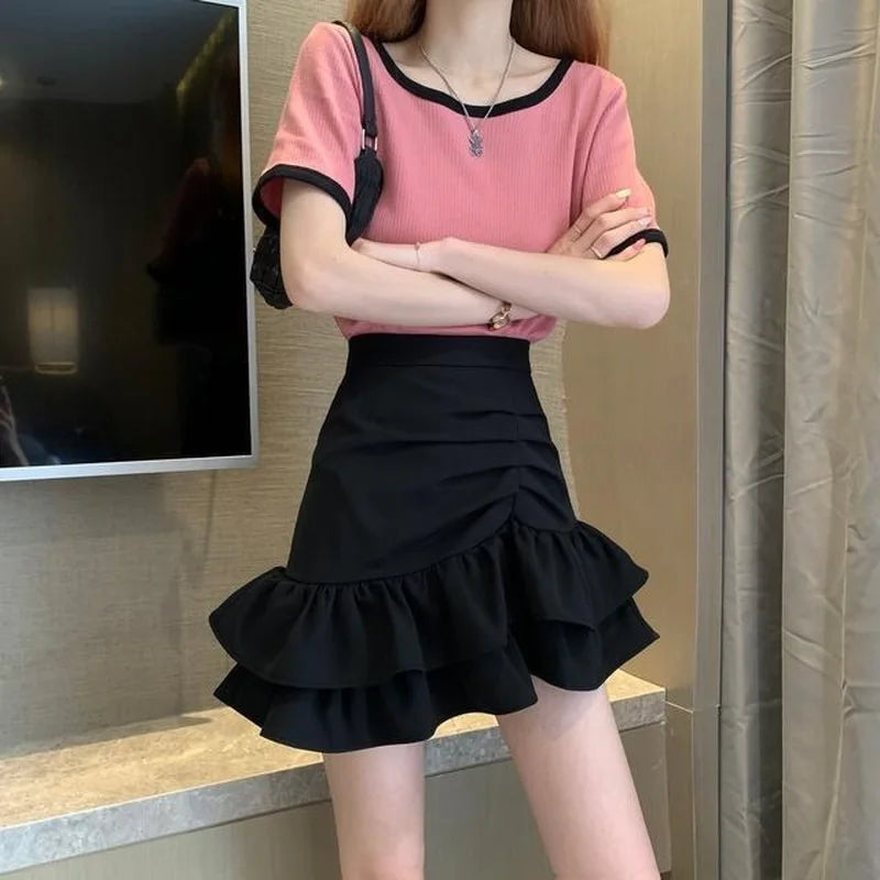 Skirts Womens Solid Shirring Sweet Mini Trumpet High Waist Designers Tender Korean Style Summer Sexy All-match Leisure Female