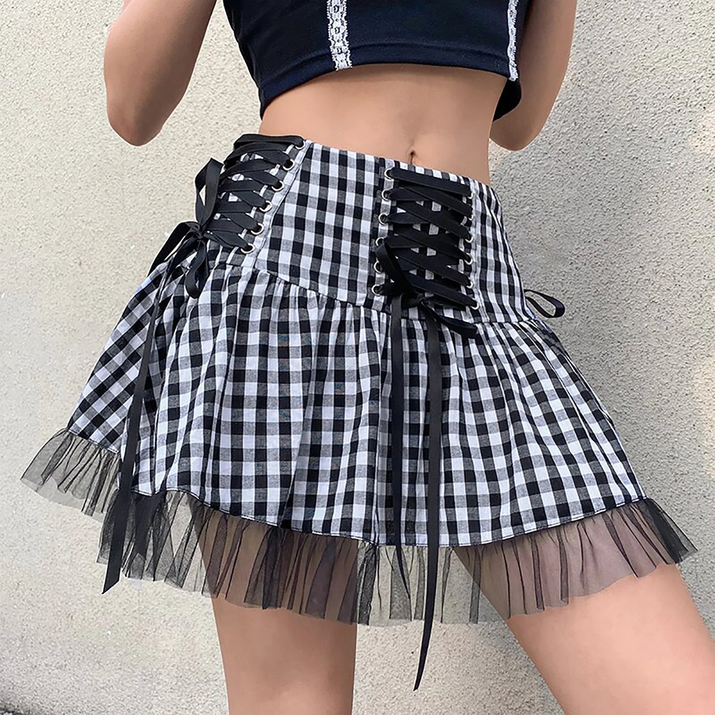 Women  Mini Skirt Sweet High Waist Lace-Up Stitching Tulle Skirt Summer Street Style Lady Mini Ruffles Tutu Skirts A-line