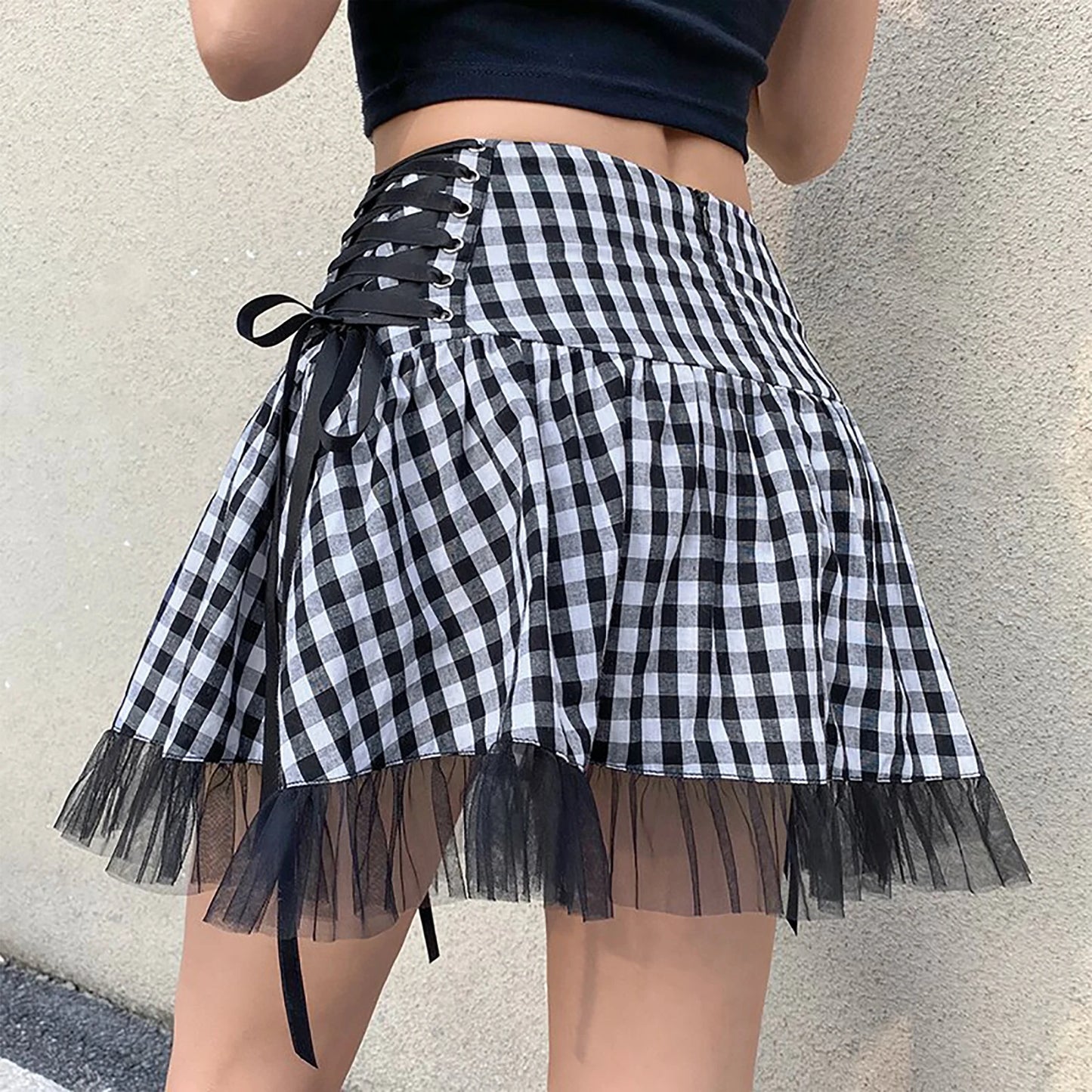 Women  Mini Skirt Sweet High Waist Lace-Up Stitching Tulle Skirt Summer Street Style Lady Mini Ruffles Tutu Skirts A-line