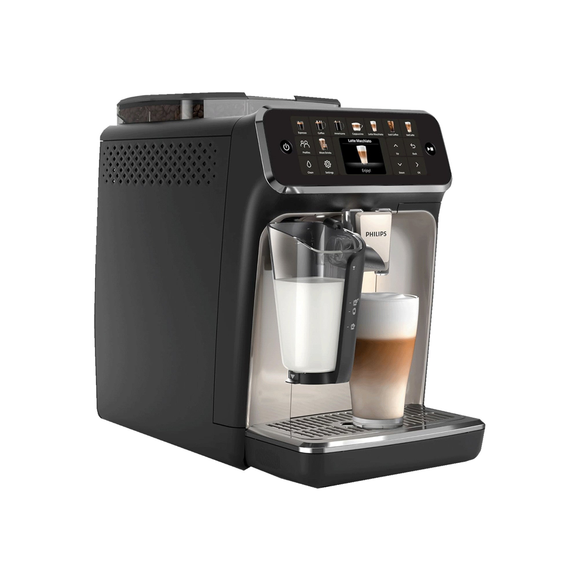 Kaffeevollautomat Serie 5500 EP5546/70 – LatteGo Milchsystem, 20 Kaffeespezialitäten (heiße und kalte), Leiser mit SilentBrew, QuickStart, Schwarz/Silber